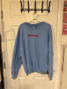 Gildan Light Blue Crewneck Sweatshirt with Red "LUCKY YOU" Embroidery